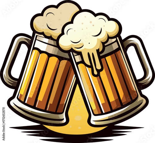 Two frothy beer mugs clinking together in celebration