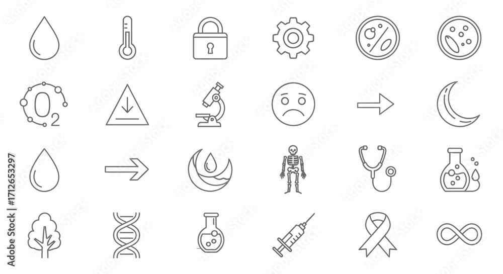 Fototapeta premium Science Icons Set Medical Laboratory Biology Chemistry Symbols and Elements Line Art Vector Illustration