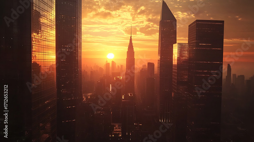 Wallpaper Mural Sunset skyline with silhouettes of tall city skyscrapers high resolution picture Torontodigital.ca