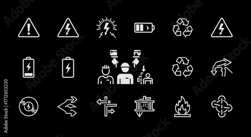 Safety Warning Signs and Symbols Icon Set  Electricity Recycling Hazard Battery Construction Fire