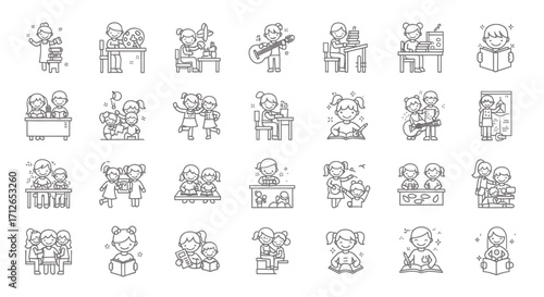 School Activities Icons Set  Learning Education Classroom Kids Studying Reading Writing and More