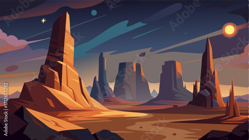 A desert landscape with towering rock formations and a carpet of stars above evoking a sense of awe and wonder at the beauty of the night.