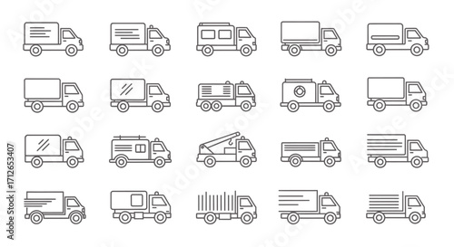 Set of Different Truck Icons Line Style Vector Illustration Delivery Logistics Transportation Freight
