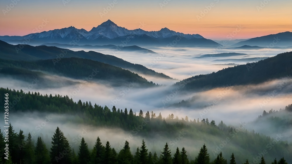 Obraz premium Sunrise Over Misty Mountains