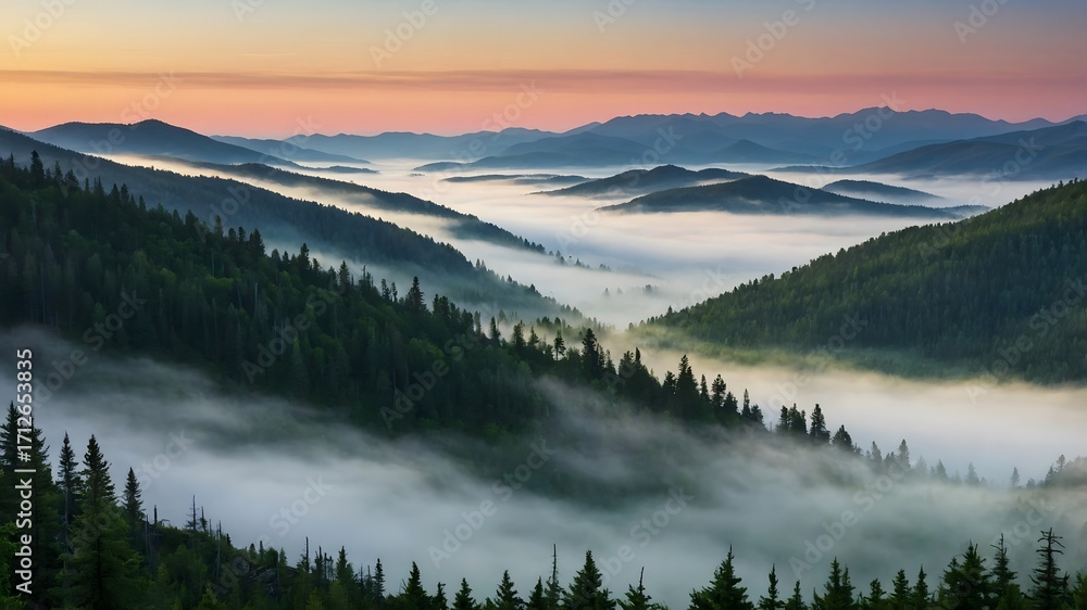Fototapeta premium Fog Rolling Through Mountain Valley