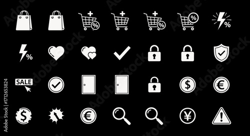 Shopping Cart Icons Set Discount Symbols Sale Stickers and Business Vector Graphics on Black Background