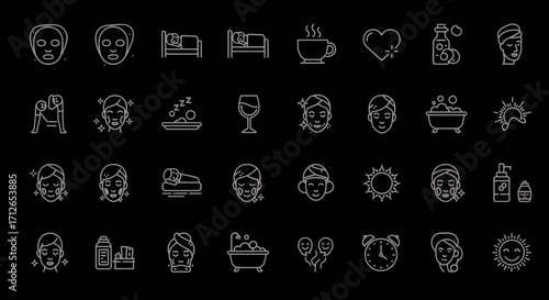 Skincare Routine Icons Set  Beauty Spa Wellness Face Care Night  Day Rituals