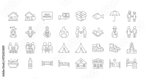 Social Services Icons Set  Housing Food Shelter Help Needed Family Support Line Icons