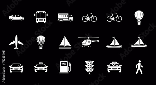 Transportation Icons Set  Car Bus Airplane Bicycle Boat Taxi Helicopter and More Vector Symbols