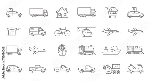 Transportation Icons Set  Cars Trucks Airplanes Ships and Delivery Logistics Vector Illustration