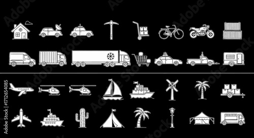 Transportation Icons Set  Cars Trucks Boats Bikes Camping and Travel Vector Illustrations
