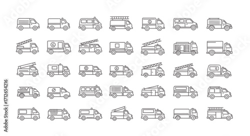 Variety of Emergency Vehicles Line Icons Set  Ambulance Fire Truck Police Car and More