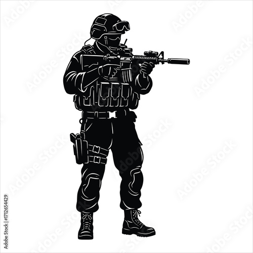 Black silhouette of a soldier in tactical gear aiming a rifle black and white