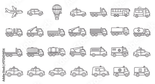 Vehicle Icons Set  Airplane Truck Car Ambulance Fire Engine and More Transportation Vector Illustrations