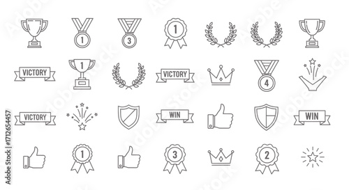 Victory Icons Set  Trophies Laurel Wreaths Crowns Awards and Achievements Line Style Vector Illustration
