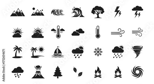 Weather Icons Set  Sun Rain Snow Wind Mountain Sea Temperature Storm Lightning and Tropical Climate