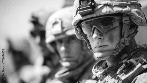 Black and White Portrait of United States Soldiers in Uniform, Wearing Helmets and Goggles, Standing in Formation, Serious Expression