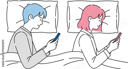 Couple in bed using smartphones, blue hair person, pink hair person, facing away, technology, disconnection, relationship, modern life, flat design, vector illustration, stock art