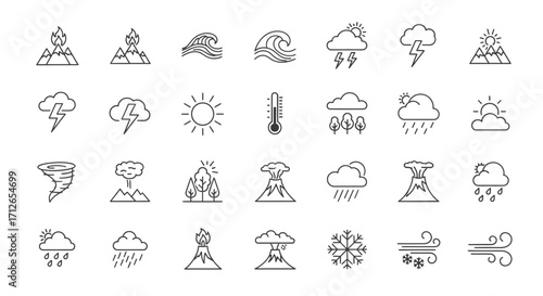 Weather Icons Set  Sun Rain Snow Wind Storm Temperature and Mountain Symbols Vector Illustration
