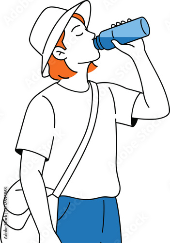Cartoon character with orange hair, wearing hat, white t‑shirt, blue pants, crossbody bag, drinking water bottle, hydration, health, wellness, lifestyle, flat design, vector illustration