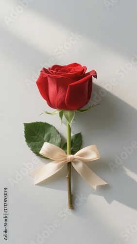 A single red rose with a cream ribbon tied around its stem, placed on a light surface with soft shadows.