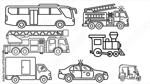 Collection of black line art icons of various vehicles including bus train police car fire truck