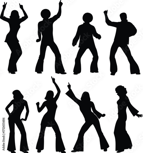 Eight Black Silhouettes of People Dancing group disco