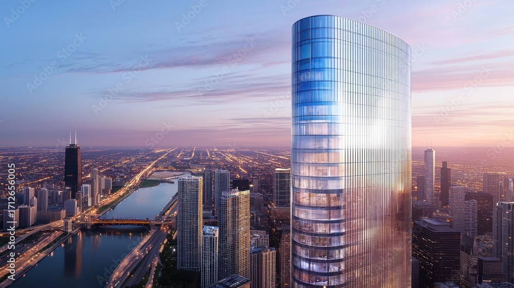 Obraz premium Modern glass skyscraper at sunset over city skyline.