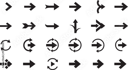 Arrow Collection in Black Silhouette for Navigation, Direction, Rotation, and Interface Symbol EPS Vector