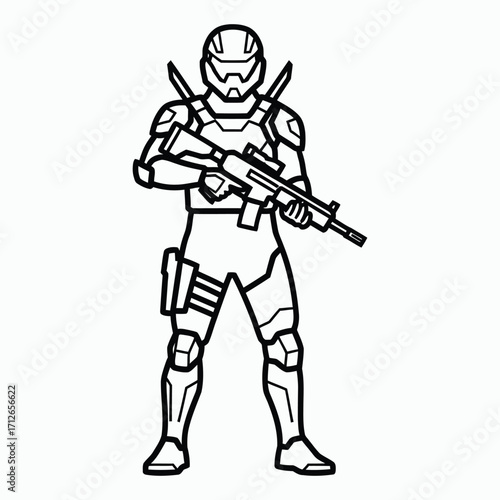 Line art soldier in futuristic armor holding assault rifle and knives warrior military