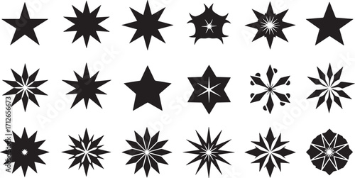 Collection of Star and Geometric Shape Icons in Black Silhouette for Decoration, Symbol, and Abstract Design EPS Vector