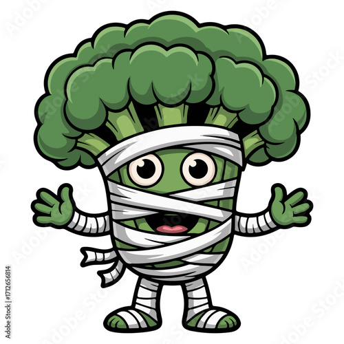 A cartoon illustration of a broccoli character dressed as a mummy