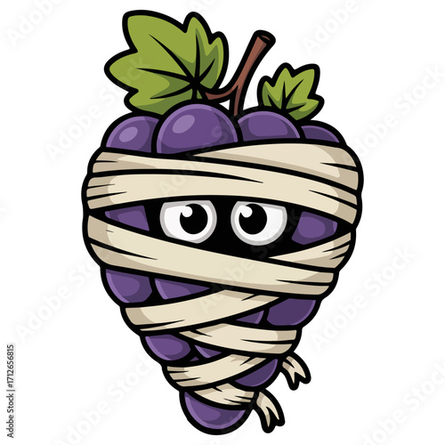 A cartoon image of a grape bunch wrapped as a mummy