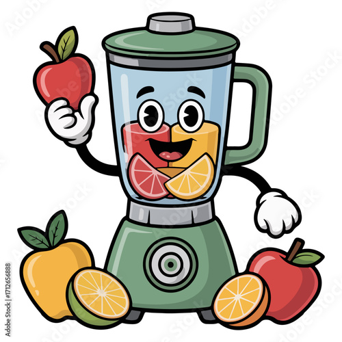 A whimsical blender character preparing a vibrant fruit smoothie, holding a red apple 