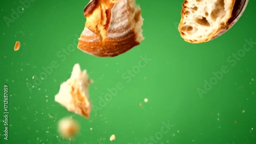Freshly baked bread slices explode in mid-air against a vibrant green background.