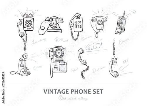 Hand drawn vintage phone doodles on white background: rotary phones, payphones, wall phones with labels. 