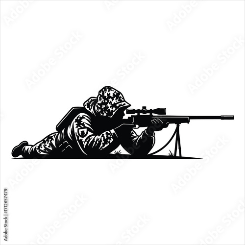 Silhouette of a soldier in camouflage gear aiming a sniper rifle vector