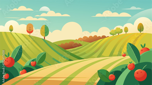 A peaceful scene of rolling farmlands with lines of apple trees stretching across the hills and fields of sunkissed grasses swaying in the breeze.