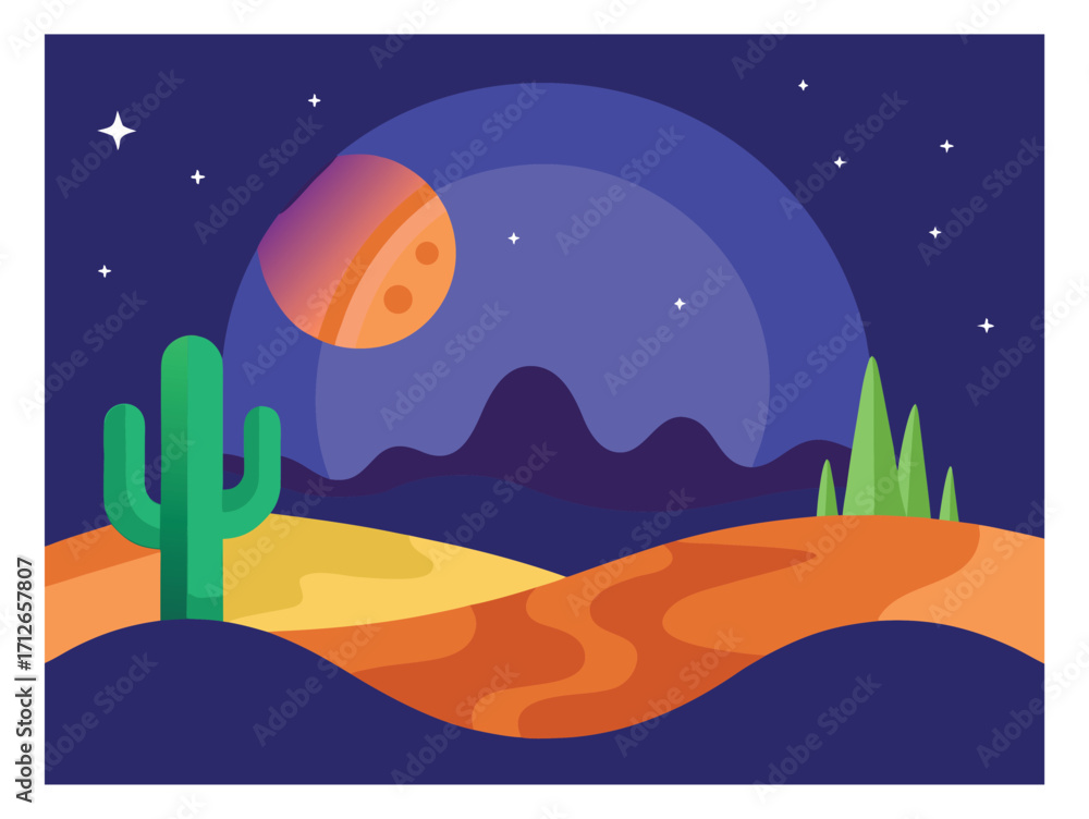 Naklejka premium Mystical Desert Landscape with Cactus Starry Night and Distant Mountains