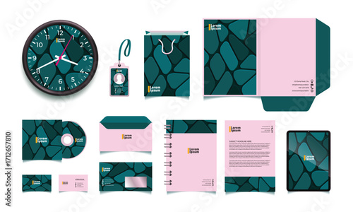 Modern geometric-themed stationery set including envelopes, business cards, CDs, and ID cards in dark green and pink.