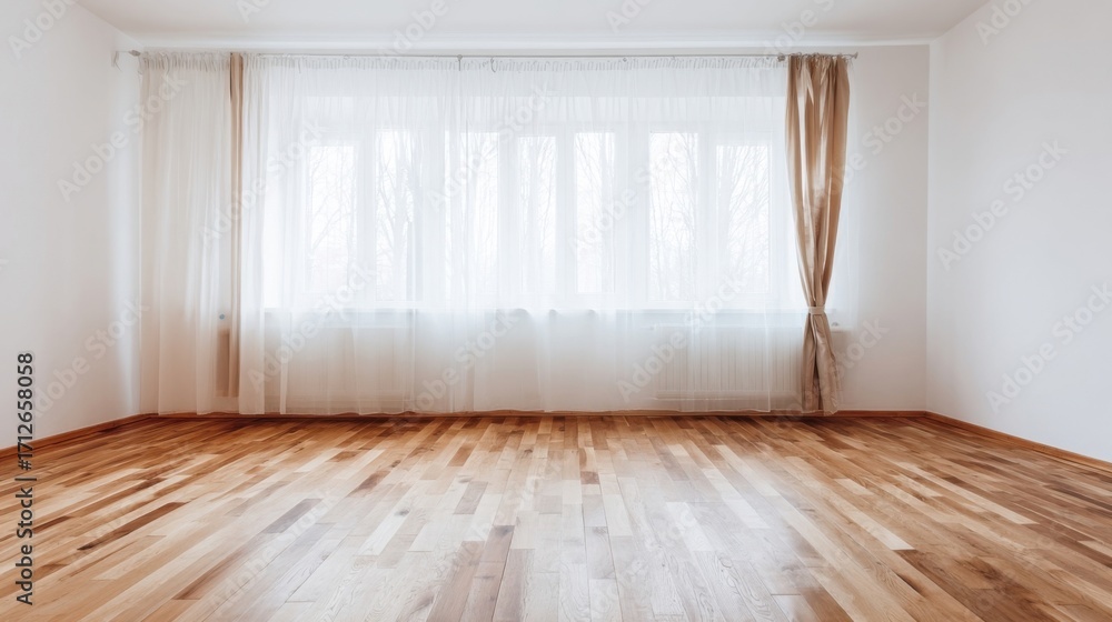 Fototapeta premium A minimalist room bathed in natural light through three windows with sheer white curtains, hardwood floors,