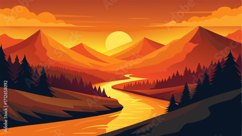 As the sun sets over the river valley the sky turns a brilliant orange and the distant hills are cast in a warm golden light.