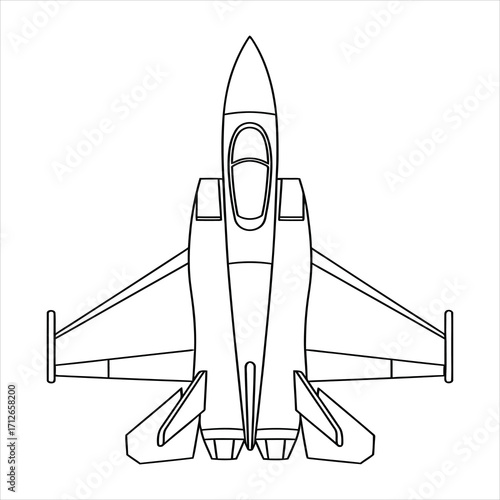 Top view outline of a modern fighter jet airplane with swept wings aircraft military