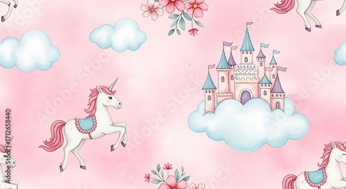 Wallpaper Mural Seamless watercolor pattern with cute unicorns, castles, and clouds on a pink background. Torontodigital.ca
