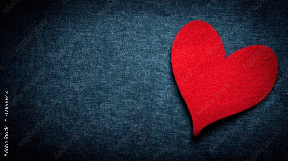 Obraz premium A red felt heart placed toward the bottom right corner on a textured dark blue denim fabric background with four medium 