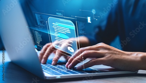 close up of hands typing on laptop with virtual ai assistant chatbot and code interface representing artificial intelligence automation and smart digital support system