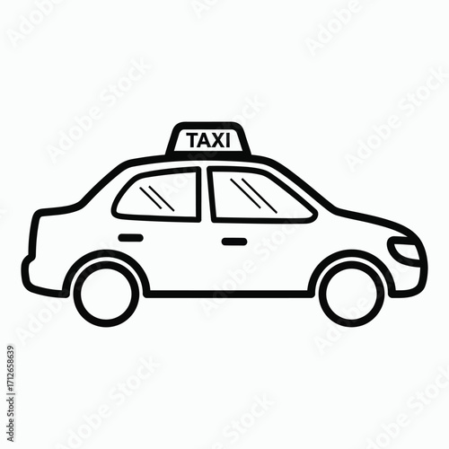 Black and white line art icon of a sedan taxi cab with taxi sign vehicle transportation