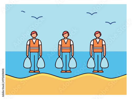 Beach cleaning volunteers collecting trash vector illustration for environmental awareness day