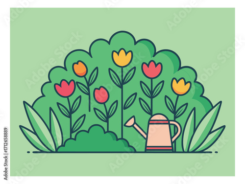 Cheerful garden illustration with tulips watering can and foliage in a flat design style