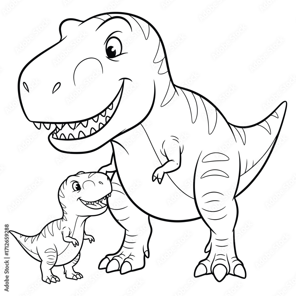 Fototapeta premium Cute Cartoon T-Rex Parent and Baby - Happy Dinosaur Family Coloring Page for Kids